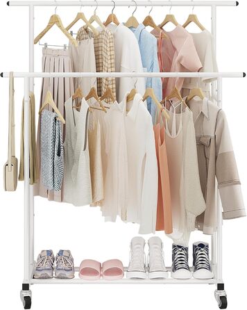 Підвісна штанга для одягу Calmootey з подвійною перекладиною, мобільна, для спальні, вітальні, магазину одягу, біла
