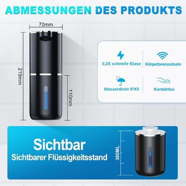 Amzavls Soap Dispenser Automatic, 380ml Wall Mount Touchless Electric Soap Dispenser with Sensor, USB Rechargeable Foam Soap Dispenser for Bathroom, Kitchen, Office Black