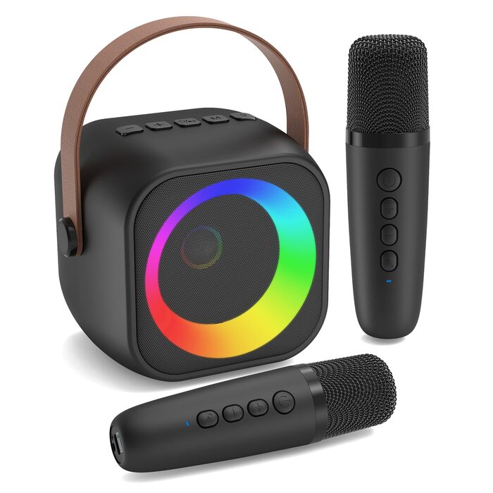 Караоке машина з 2 мікрофонами Bluetooth для дітей та дорослих, з диско-підсвіткою, чорна - ідеальний подарунок для вечірок (3-15 років)