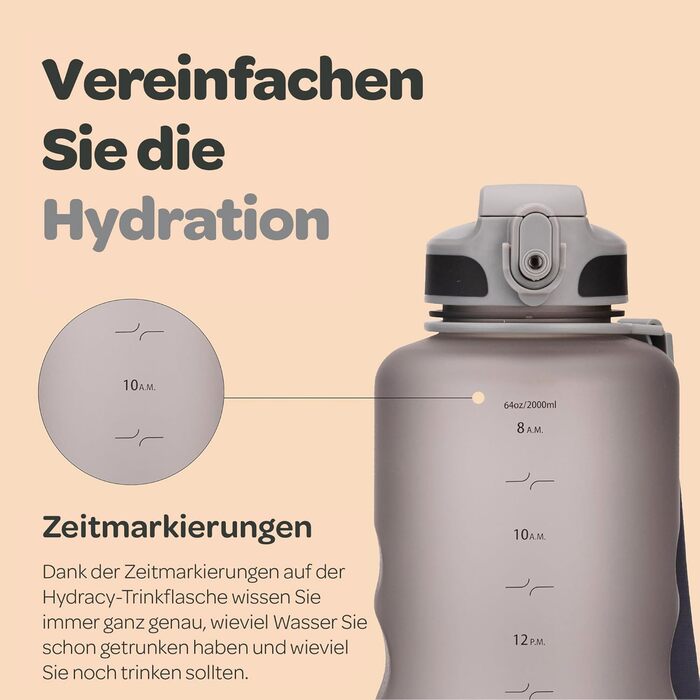 Пляшка для води Hydracy з соломинкою та мітками часу 2л - Сріблясто-сіра - BPA-free, спортивна, герметична