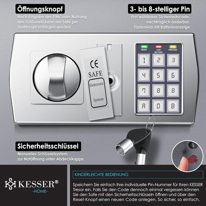Електронний сейф KESSER® 31x20x20 см зі світлодіодним дисплеєм, подвійним ригелем, кріпленням для стіни та меблів, внутрішнім освітленням, сріблястий