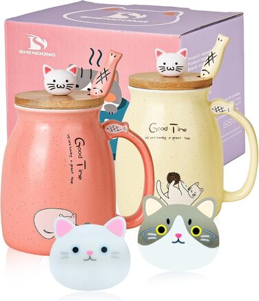 SHENDONG 2-Pack Cat Cups Cute Ceramic Coffee Mugs Set of 2 with Bamboo Lid and Spoon Novelty Morning Cup Coffee-Milk Tea Cups 3D Animal Cat Cups for Cat Lovers Gifts