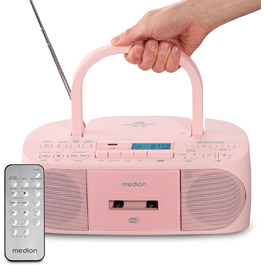 MEDION DRX-1 Plus Boombox: Портативна радіосистема з DAB+, Bluetooth, CD-плеєром, MP3, касетним провідником, AUX, акумулятором та мережевим живленням, зелений/рожевий колір