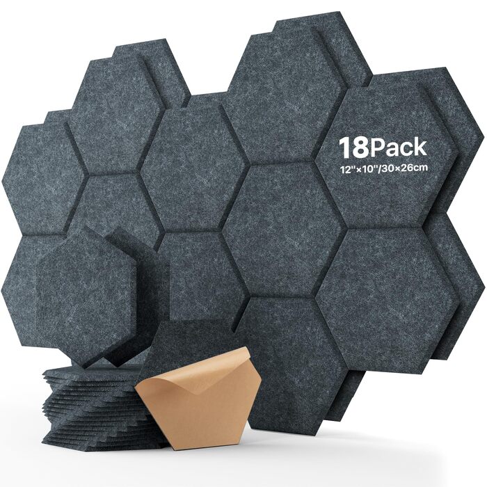 Акустичні гексагональні панелі Soundsbay, звукопоглинаючі стінові плити з пінопласту високої щільності для офісу та студії, темно-сірі, 30.5 x 25.4 x 1 см, 18 шт.