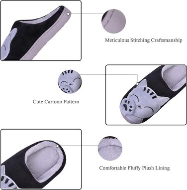 Чоловічі та жіночі тапочки Shaine з бавовни з котиком, теплі, плюшеві, антиковзні, зручні, чорні, 36/37 EU