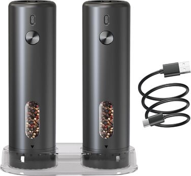 Electric Salt and Pepper Grinder Set, Rechargeable, Automatic Electric Pepper Grinder Set with Large Capacity 110ml, Externally Adjustable Coarseness, LED Light, and One-Hand Operation, Black