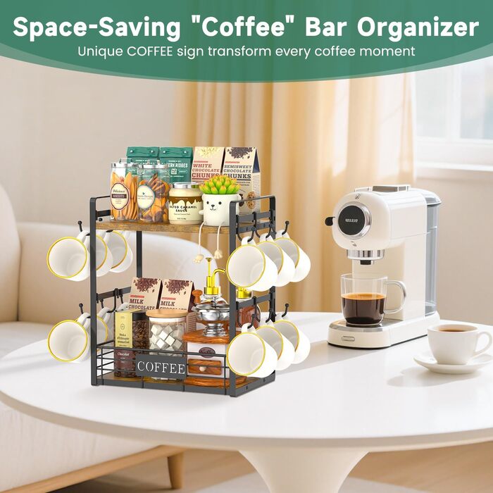 EsLuker.ly 2-Tier Mug Holders and Cup Stands, Mug Shelf for Coffee Cups, Coffee Organizer for Countertop, Coffee Station Organizer with Mug Holder, Vintage Brown-Black (15''H, Vintage Brown + Black)