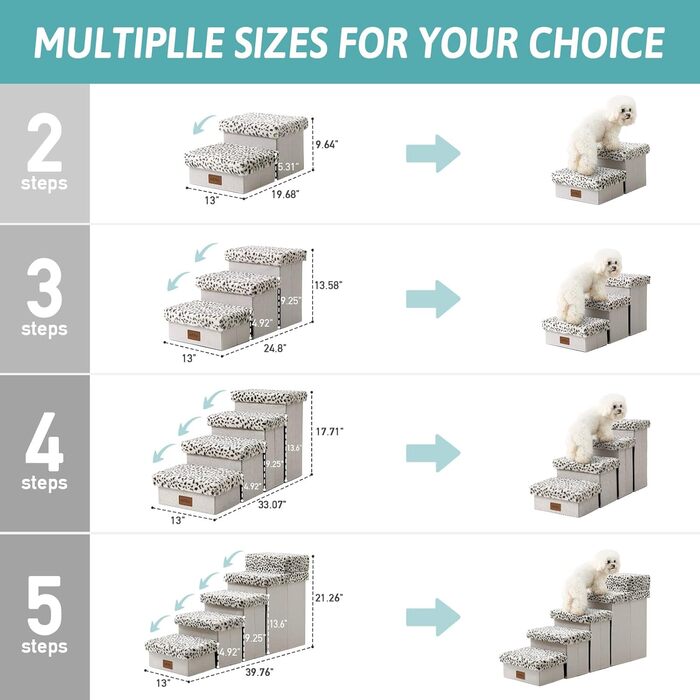Pet Stairs for Small Dogs with Storage, Dog Stairs Folding for Bed Couch, Dog Stairs Dog Ramp with Non-Slip Bottom, Leak-Proof, Up to 80kg, 33x84x45cm, 4 Steps, Leopard