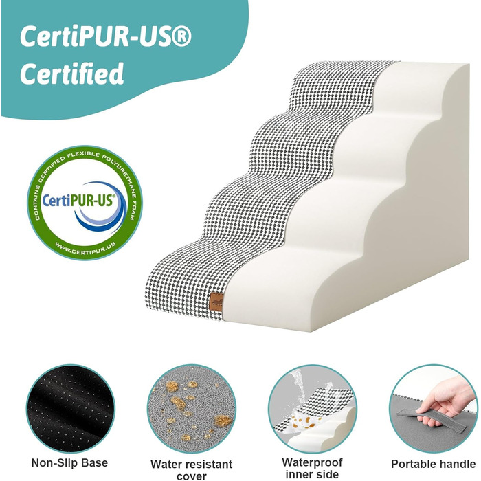 Dog Stairs for Small Dogs 50cm, Pet Stairs for Bed made of High-Density Sponge, Dog Stairs Dog Ramp with Washable Cover and Non-Slip Bottom, 40x72x50cm, 4 Steps, (White/Black, 4 Steps (40x72x50cm))