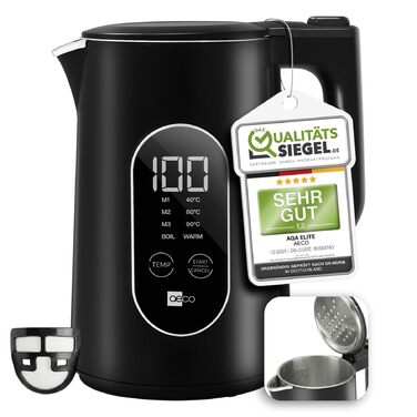 Електричний чайник Aeco AQA NEO з нержавіючої сталі, 1.7 л, 2150 Вт, без BPA, фільтр від накипу, бездротовий, CoolTouch, шампань срібло (Aqa Elite (чорний матовий))