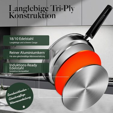 Набір каструль 6-ти частинний з нержавіючої сталі для індукційних плит, Cookware Set, без антипригарного покриття, сумісний з усіма типами плит, з кришкою та захистом від опіків, придатний для миття в посудомийній машині