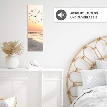Скляний настінний годинник Beach 20x60 см, безшумний, жовтий, для вітальні, металеві стрілки, сонце, море, виготовлено в ЄС