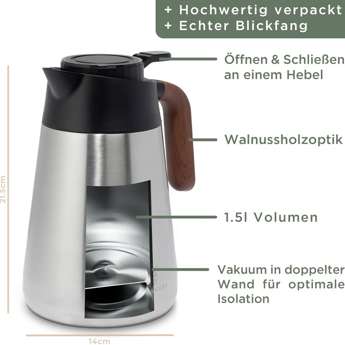 WALDWERK Thermos Flask (1.5L) - Coffee Pot made of double-walled 304 Stainless Steel - Insulated Carafe with drip-free spout - Coffee Pot Thermo