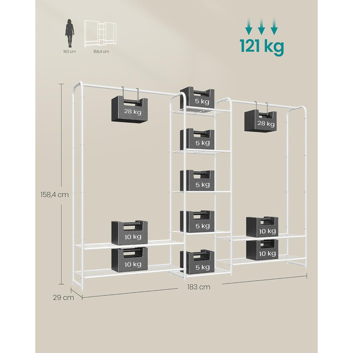 SONGMICS Взуттєва шафа, відкрита вішалка для одягу, металева, з полицями, 29 x 112 x 158,4 см, матово-білий LGR462W01