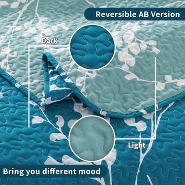 Набір постільної білизни Andency з квітковим принтом, King-Size (277x244 см), 3-частини (блакитно-зелена ковдра з принтом та 2 наволочки), літній, легкий, двосторонній, мікрофібра, блакитно-зелений, 