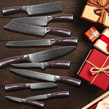 Набір кухонних ножів Gustrug 8 предметів з нержавіючої сталі, гострі ножі з ергономічною ручкою, подарункова коробка, для дому та ресторану