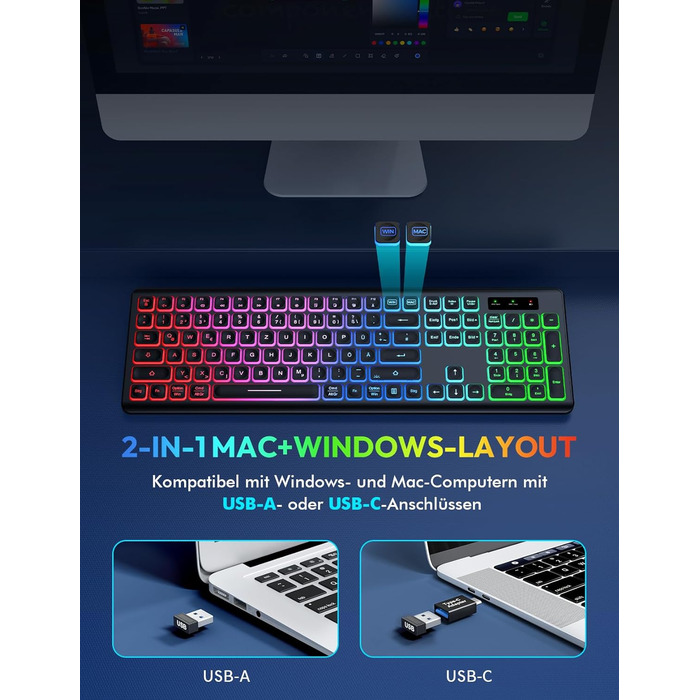 Бездротова клавіатура та миша з підсвічуванням, USB-C, тиха, для Mac/Windows/PC/Laptop, QWERTY (Чорний)