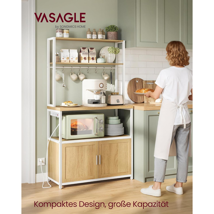 Стелаж кухонний VASAGLE з розетками, 90 см, 40x60x170 см, вінтажний коричневий + чорний, 8 гачків, KKS058K02