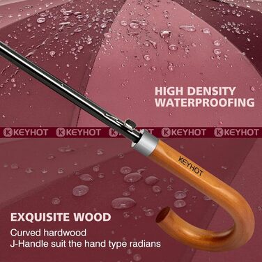 KEYHOT Windproof Umbrella - Large Stick Umbrella with Wooden Handle for Men & Women - 12 Ribs, XL - Burgundy, 118cm