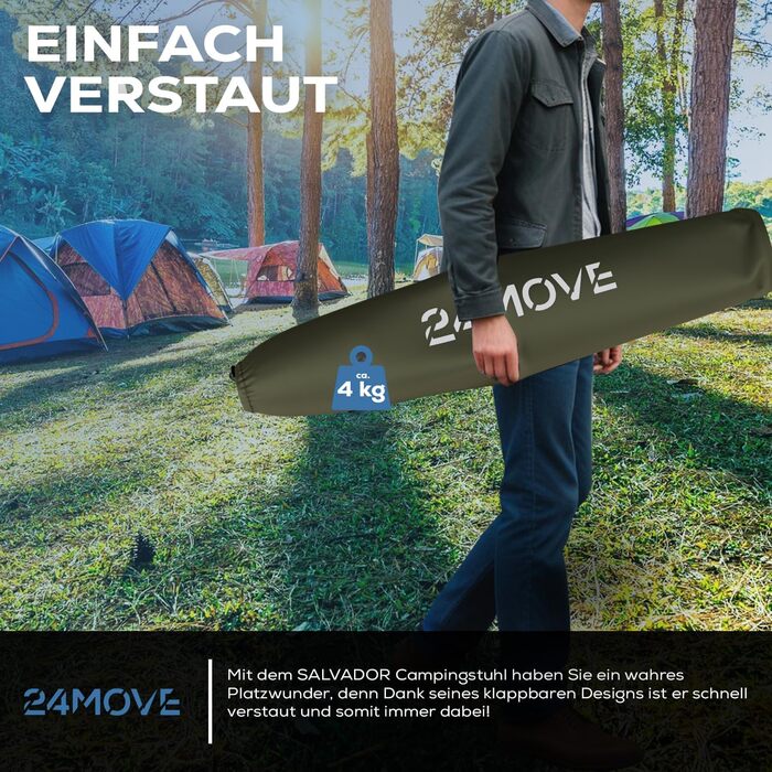 Зручний складаний стілець для кемпінгу 24MOVE® - 150 кг, з підлокітниками, кишенею для напоїв та сумкою, зелений