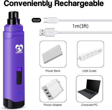 Електричний точило для кігтів собак Casfuy - професійний, 2 швидкості, перезаряджається, для собак та котів (фіолетовий)