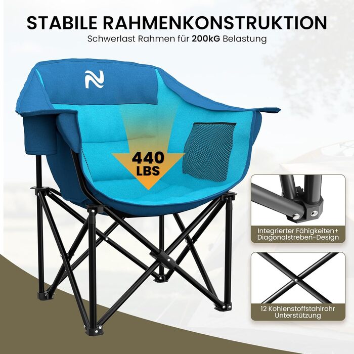 Кемпінговий стілець складаний посилений (200 кг) з подушкою 6 см - для риболовлі, кемпінгу, саду, фестивалів. Зручний стілець з бічними кишенями та сумкою для транспортування (Синьо-блакитний, M)