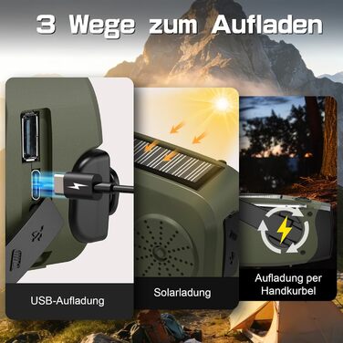 Радіо на механічній та сонячній енергії Notfall Kurbel Radio з Power Bank, USB, AM/FM, SOS-сигналом, ліхтариком - зелений