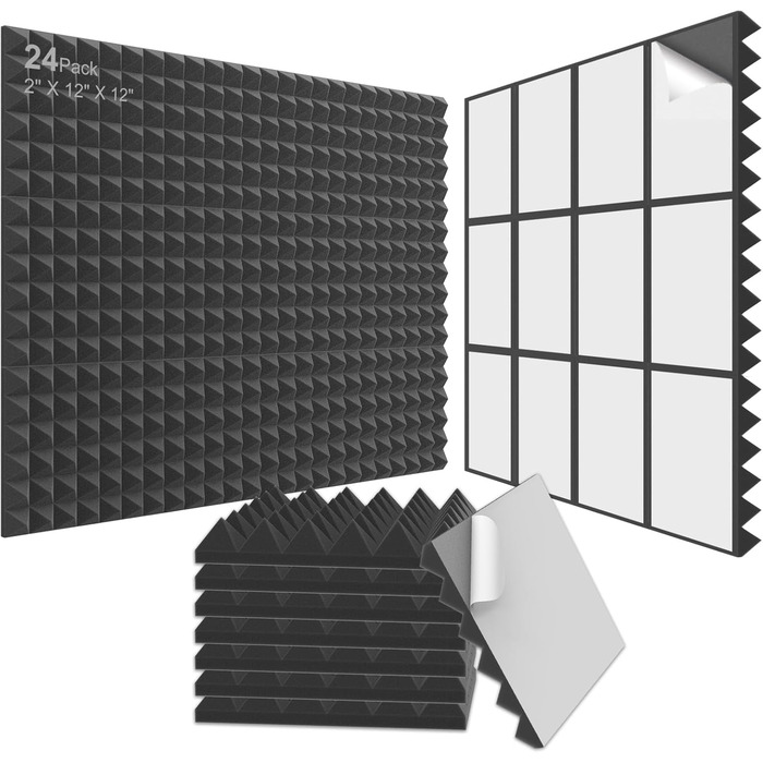 Акустичні панелі JBER самоклейні, звукопоглинаючі пірамідні панелі 30х30х3 см для студії, офісу та спальні, чорний колір (12 шт)