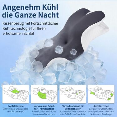 Подушка для шиї та голови з 3D підтримкою, Memory Foam, ергономічна для сну на боці, спині та животі (сіра, 60x33x10/17см)