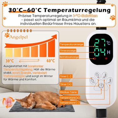 Підігрівальний килимок для тварин 45x70 см – ковдра для собак та котів, 30–60°C, таймер 14 год, захист від перегріву, міцний кабель 1,8 м, 2 знімні чохли, регулювання температури