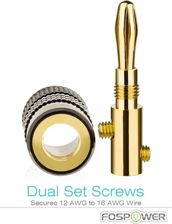 Bananstecker FosPower для акустичних кабелів: 2 пари (4 шт.) з покриттям 24K, для сабвуферів та стінних панелей. High-End