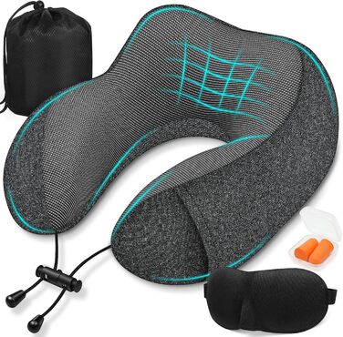Подушка для шиї у літак - подушка для подорожей 100% Memory Foam - портативна подушка для літака - з 3D-маскою для сну та берушами - ідеальна для літака, авто, дому, офісу, подушка для сну (Сіра)