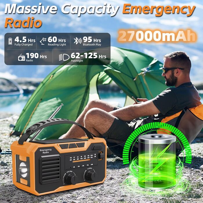 Радіо-зарядний пристрій Kurbelradio на 27000mAh з сонячною панеллю, FM/AM, Bluetooth 5.3, SOS-сигналом, компасом та ліхтариком для надзвичайних ситуацій та виживання на природі (зелений, оранжевий)