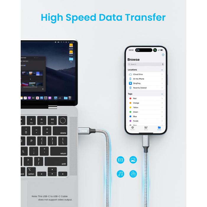 Кабель USB-C на USB-C 240W, 5A, 1.5м, білий: для iPhone, Samsung Galaxy