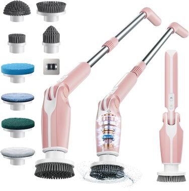 Leebein Electric Cleaning Brush, 2024 New Spin Scrubber with 8 Interchangeable Brush Heads, Remote Control, Adjustable Long Handle 38-132CM & 2 Speeds and for Bathroom/Kitchen