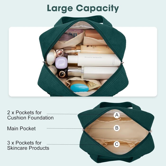 Косметичка жіноча Kalidi з відділеннями та щілинами для пензлів, велика органайзер для макіяжу, дорожня косметичка, валізка, темно-зелена