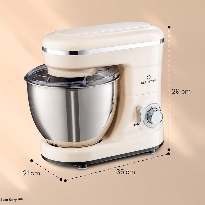 Klarstein Bella Kitchen Machine - Stand Mixer with 6 Speed Settings, Stainless Steel Beater, Pulse Function, Planetary Mixing System, 3 Mixing Attachments, 1200 W Power, cream