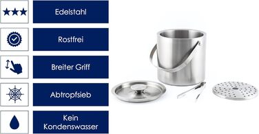 Hanseküche Large Ice Cube Container Ice Bucket 3L including Lid, Tongs, and Double Bottom - 304 Stainless Steel - Double-Walled Insulated - Very Long-Lasting Thermal Effect - Ideal for Keeping Drinks Cold for Extended Periods