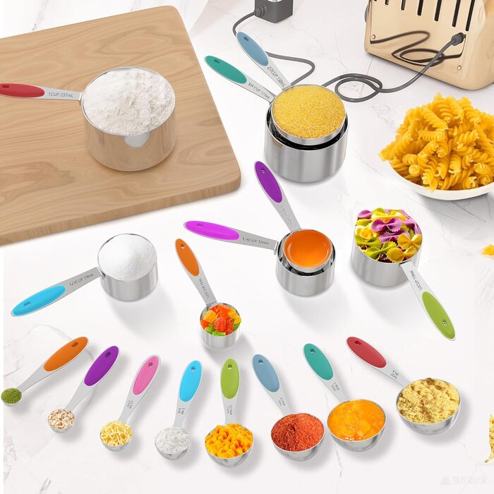 Minteem Measuring Cup and Spoon Set, 10-Piece Stainless Steel Measuring Cup Set with Colored Silicone Handle, Nesting Measuring Cups for Dry or Liquid Ingredients