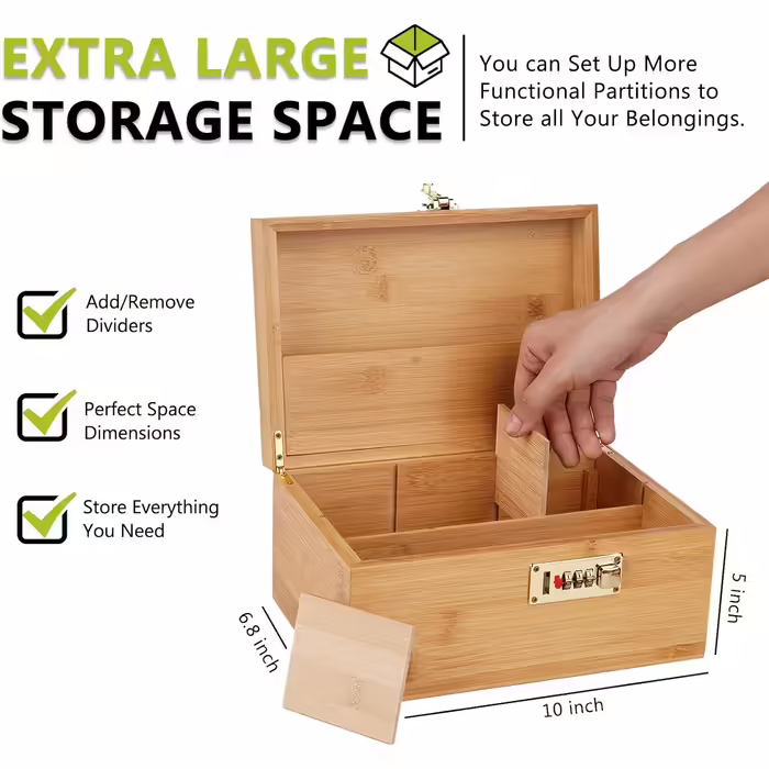 OZCHIN Large Bamboo Box with Number Lock - Decorative Storage Box for Home, Great Gift Choice, Tray, Reclosable