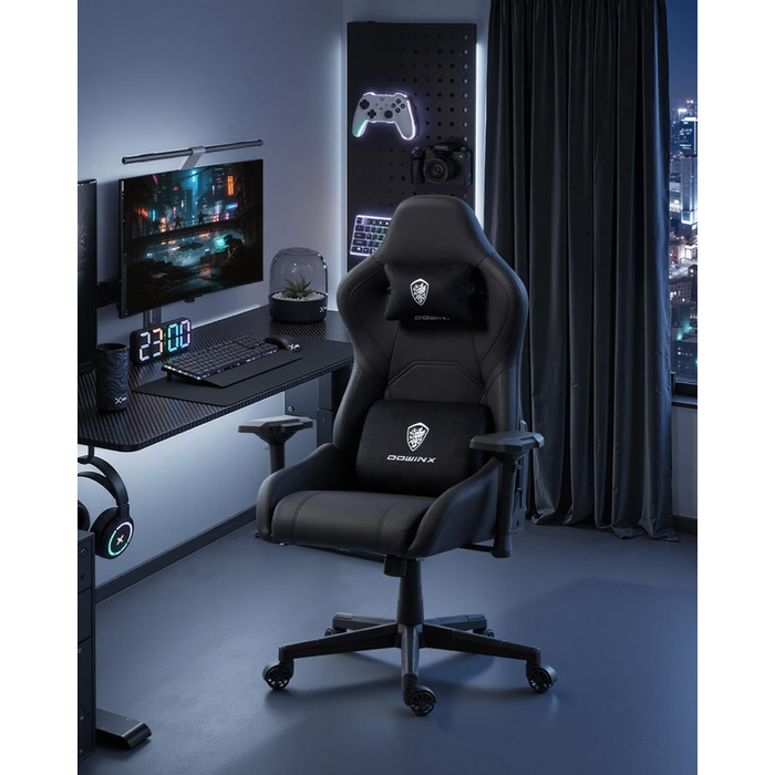 Ігровий крісло Dowinx з 4D підлокітниками, функцією гойдання 15° та регулюванням спинки до 165°, масажний, ергономічний, дизайн у стилі гоночного авто, до 135 кг, чорний