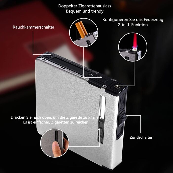 Вишукане екіп для курців: Zigarettenetui CAM2 з феєрверком, автоматичним виштовхуванням та електронним перезаряджуваним запальничкою (20 цигарок, сріблясте скло)