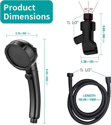 MIAOHUI Modern Handheld Showerhead with On/Off Switch, High-Pressure Showerhead with Handheld, 3 Spray Settings, Detachable Showerhead with Hose, Adjustable Angle Shower Holder (Brushed Nickel) (Black)