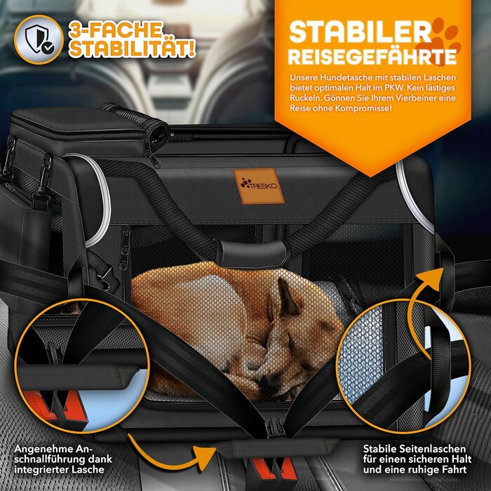 Трейлер для собак TRESKO® S (50x34x34 см) з підкладкою, шпателем та відбивачами | Транспортний бокс для собак та котів | Міцний бокс для собак різних розмірів | Сумка для собак, антрацит