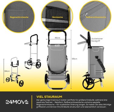 Тролей для покупок 24MOVE® Vehlo: складаний, 55л, з відділенням для охолодження, 3в1 (сумка, візок, сак-воза), до 30кг, сірий