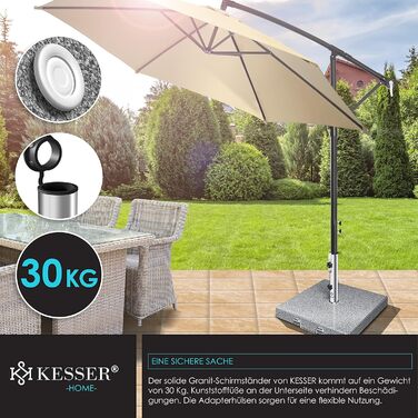 KESSER® Granit Parasol Stand with Stainless Steel Tube, High-Quality Umbrella Stand Square Base 30KG - for Umbrella Poles up to 16-48 mm, Incl. Carrying Handle Garden Balcony Parasol Stand, Grey