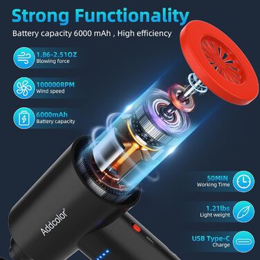 Електричний пилосос для повітряного видування ADDCOLOR, 3 швидкості, 100000 об/хв, LED-підсвічування, акумулятор 6000mAh, набір для чищення ПК, авто, дивану (чорний)