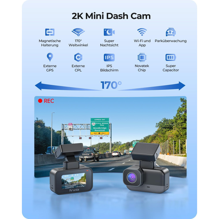 Відеореєстратор Krunia 2K WiFi Mini Dashcam Auto з GPS, CPL, WDR, Нічне Бачення, 24/7, Магнітне кріплення, Superkondensator, 170° Широкий Кут