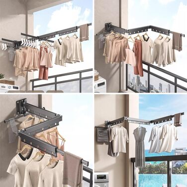 Настінна сушилка для білизни Hggzeg, розсувна, поворотна на 360°, з гачками, для балкона, ванної кімнати, пральні (свинцево-сірий)