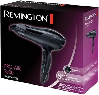 Фен Remington Pro-Air D5210: іонний, 2200 Вт, кераміка, 3 режими нагріву, 2 швидкості, стилінг, чорний